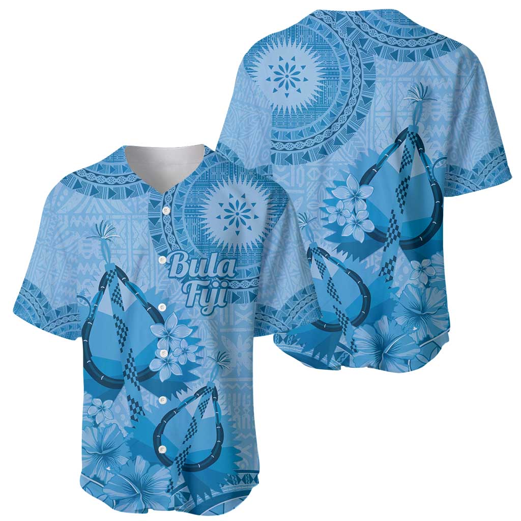 Blue Bula Fiji Baseball Jersey Fijian Dance Fan Tapa Cloth Pattern LT14 - Polynesian Pride
