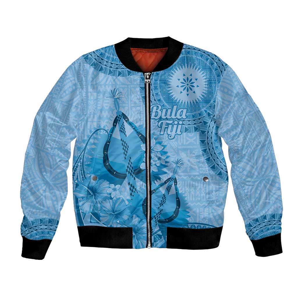 Blue Bula Fiji Bomber Jacket Fijian Dance Fan Tapa Cloth Pattern LT14 Unisex Blue - Polynesian Pride