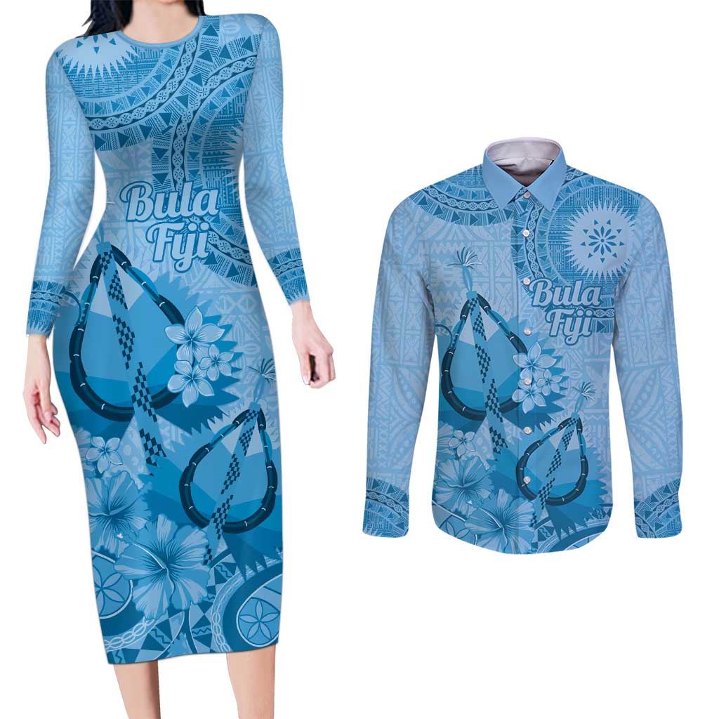 Blue Bula Fiji Couples Matching Long Sleeve Bodycon Dress and Long Sleeve Button Shirt Fijian Dance Fan Tapa Cloth Pattern