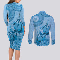 Blue Bula Fiji Couples Matching Long Sleeve Bodycon Dress and Long Sleeve Button Shirt Fijian Dance Fan Tapa Cloth Pattern