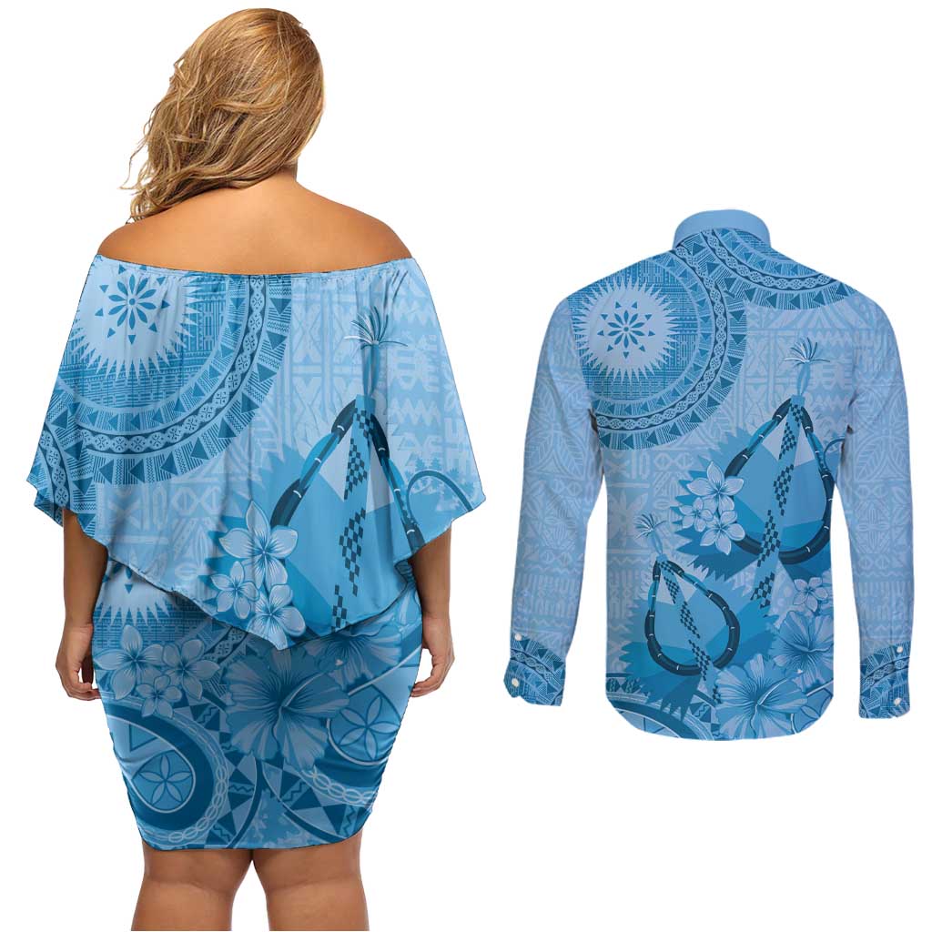 Blue Bula Fiji Couples Matching Off Shoulder Short Dress and Long Sleeve Button Shirt Fijian Dance Fan Tapa Cloth Pattern