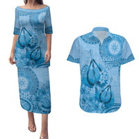 Blue Bula Fiji Couples Matching Puletasi and Hawaiian Shirt Fijian Dance Fan Tapa Cloth Pattern
