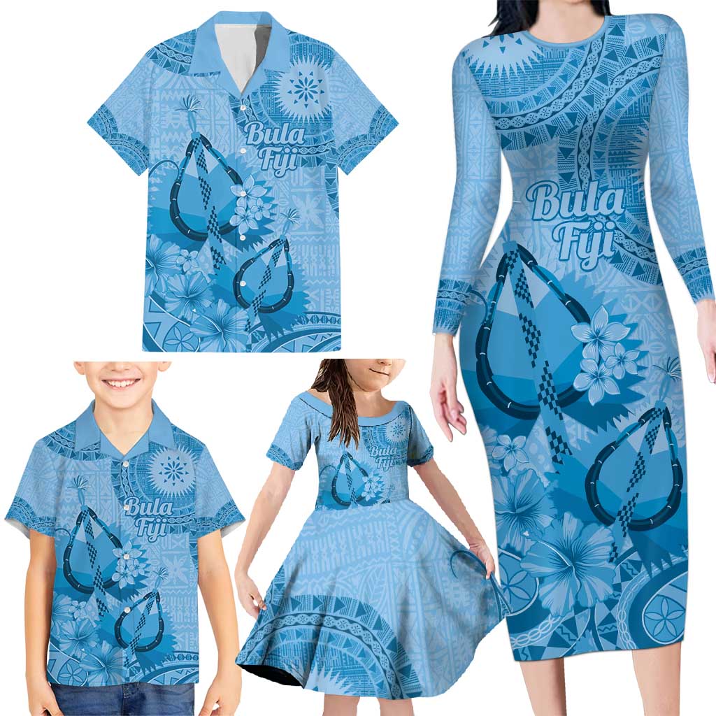 Blue Bula Fiji Family Matching Long Sleeve Bodycon Dress and Hawaiian Shirt Fijian Dance Fan Tapa Cloth Pattern