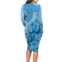 Blue Bula Fiji Family Matching Long Sleeve Bodycon Dress and Hawaiian Shirt Fijian Dance Fan Tapa Cloth Pattern