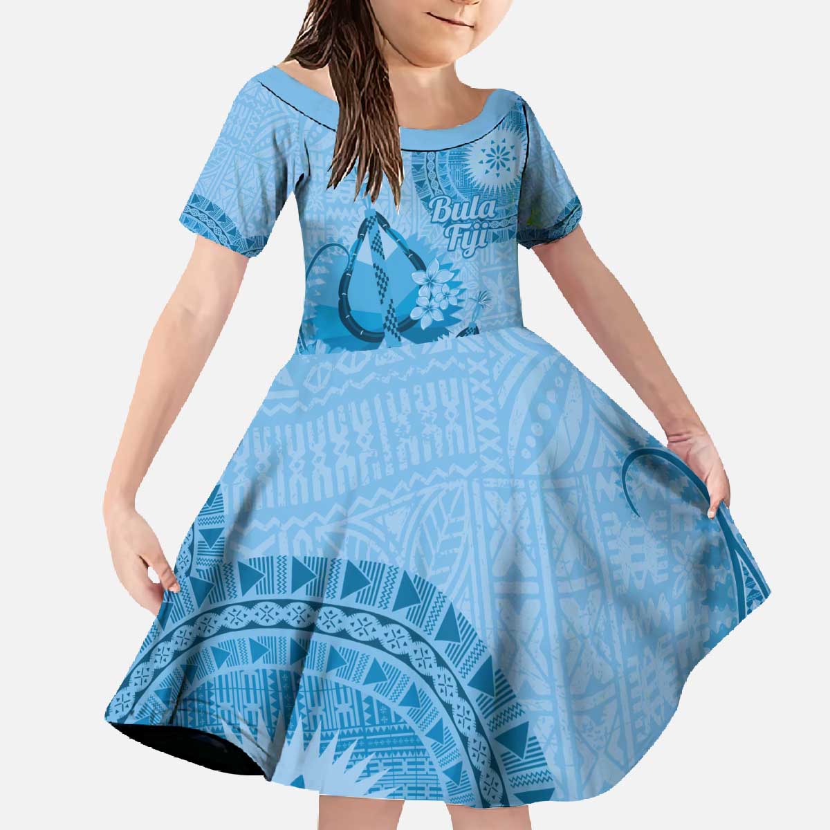Blue Bula Fiji Family Matching Off The Shoulder Long Sleeve Dress and Hawaiian Shirt Fijian Dance Fan Tapa Cloth Pattern