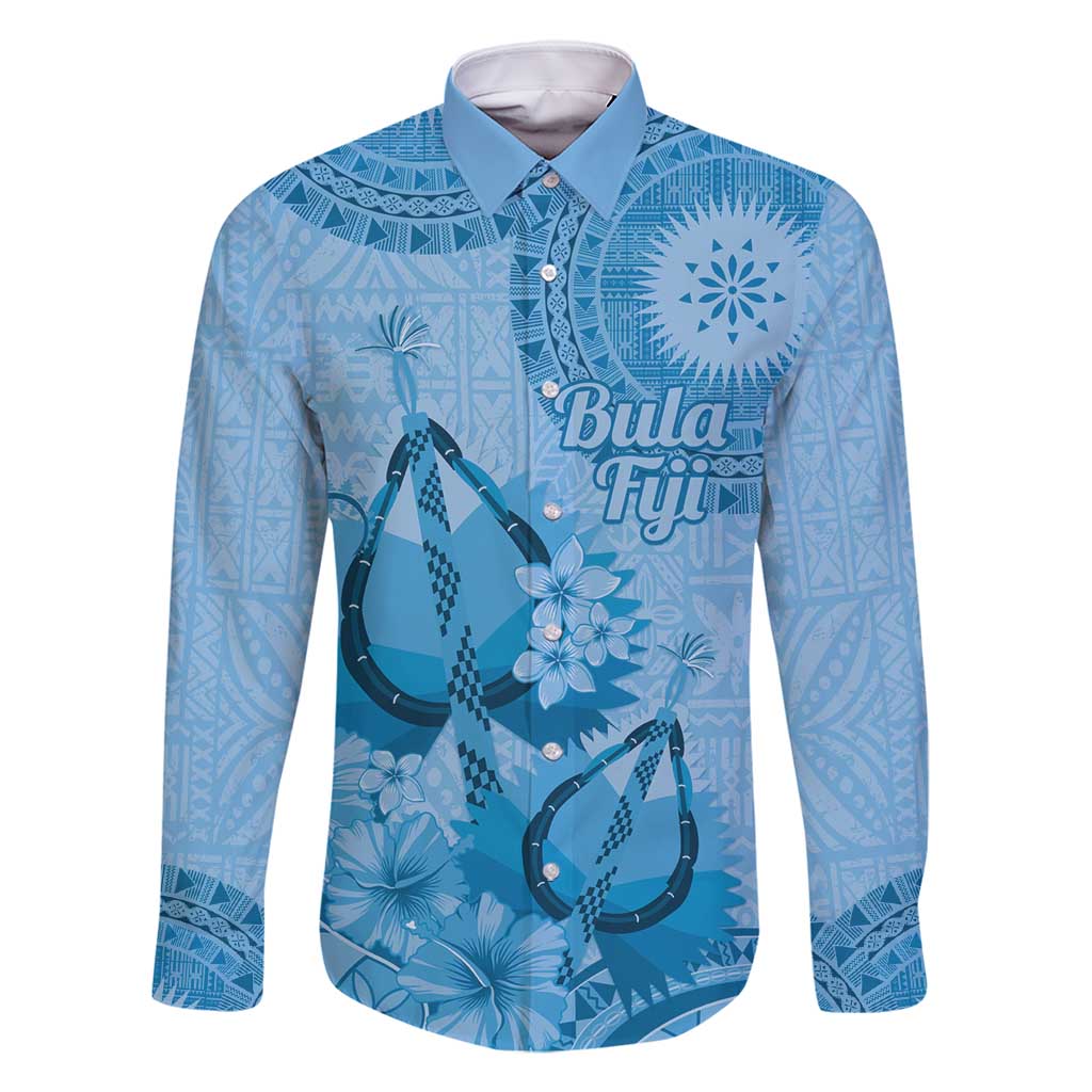 Blue Bula Fiji Family Matching Off Shoulder Maxi Dress and Hawaiian Shirt Fijian Dance Fan Tapa Cloth Pattern