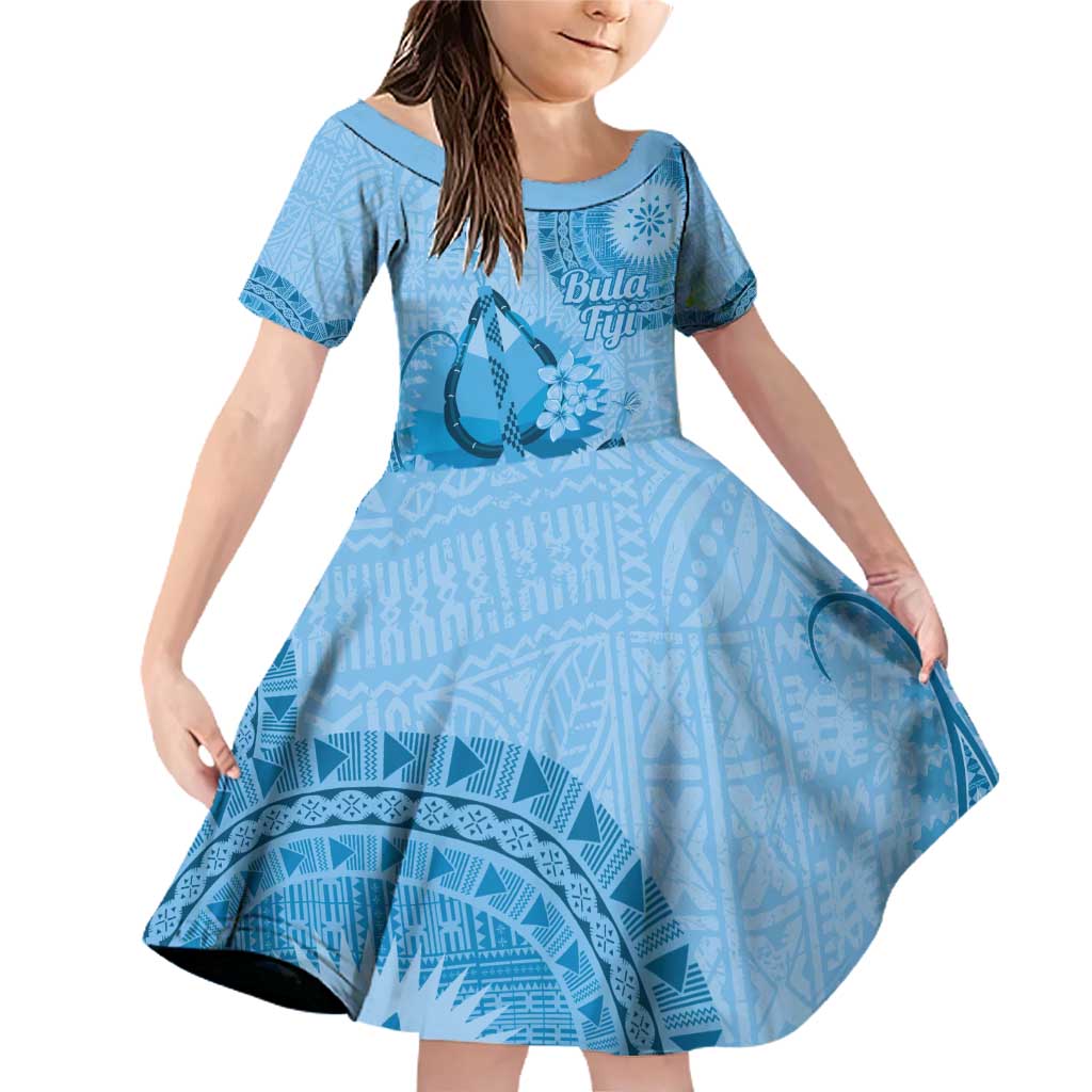 Blue Bula Fiji Family Matching Off Shoulder Short Dress and Hawaiian Shirt Fijian Dance Fan Tapa Cloth Pattern