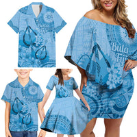 Blue Bula Fiji Family Matching Off Shoulder Short Dress and Hawaiian Shirt Fijian Dance Fan Tapa Cloth Pattern