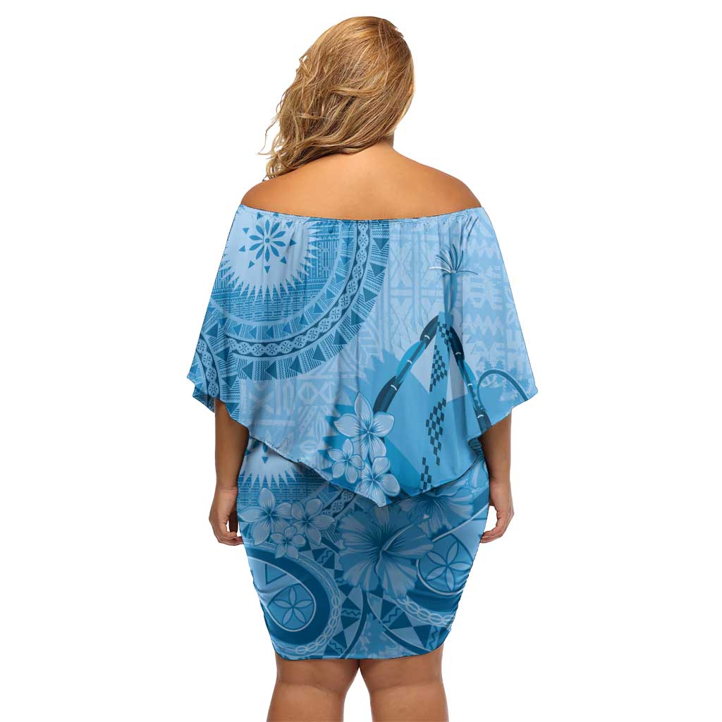 Blue Bula Fiji Family Matching Off Shoulder Short Dress and Hawaiian Shirt Fijian Dance Fan Tapa Cloth Pattern