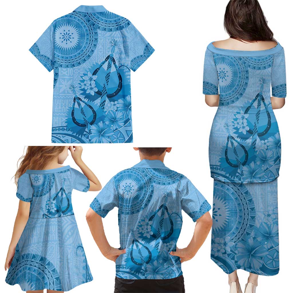 Blue Bula Fiji Family Matching Puletasi and Hawaiian Shirt Fijian Dance Fan Tapa Cloth Pattern