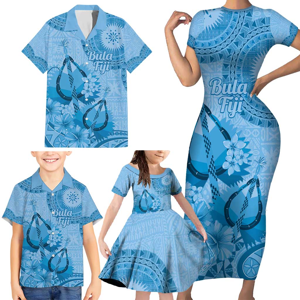 Blue Bula Fiji Family Matching Short Sleeve Bodycon Dress and Hawaiian Shirt Fijian Dance Fan Tapa Cloth Pattern