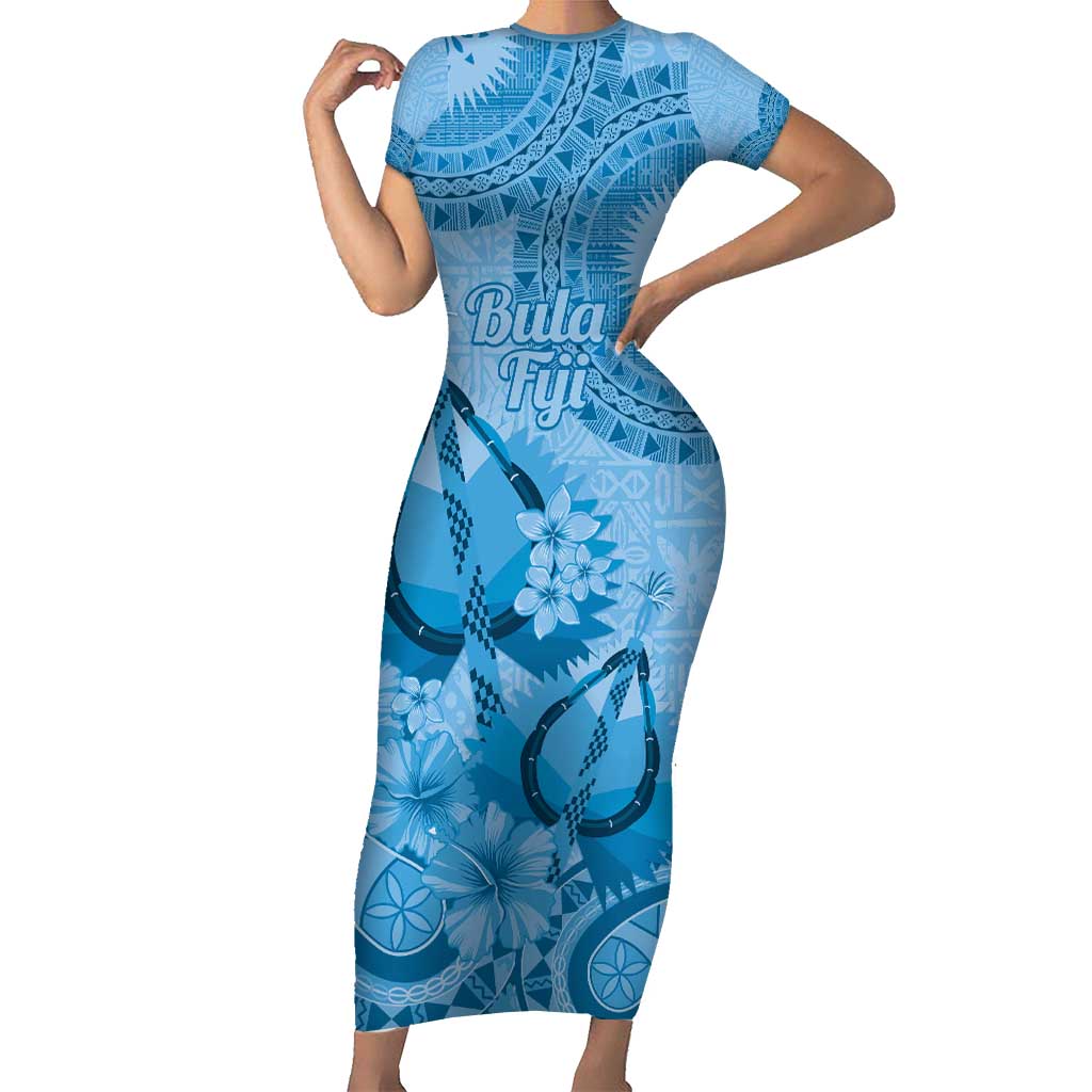 Blue Bula Fiji Family Matching Short Sleeve Bodycon Dress and Hawaiian Shirt Fijian Dance Fan Tapa Cloth Pattern