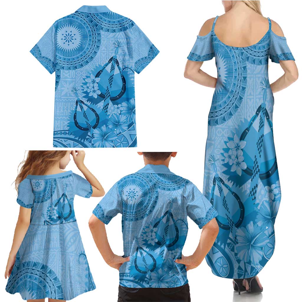 Blue Bula Fiji Family Matching Summer Maxi Dress and Hawaiian Shirt Fijian Dance Fan Tapa Cloth Pattern