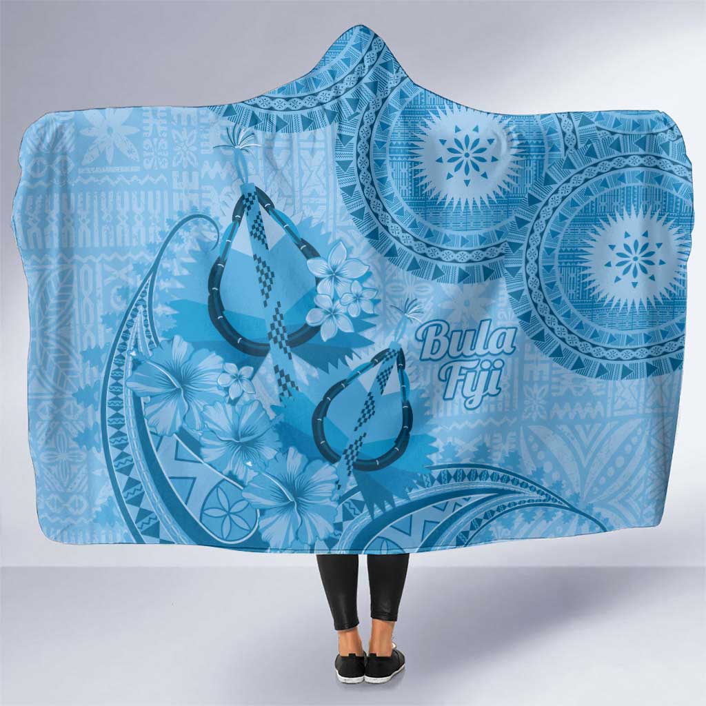 Blue Bula Fiji Hooded Blanket Fijian Dance Fan Tapa Cloth Pattern