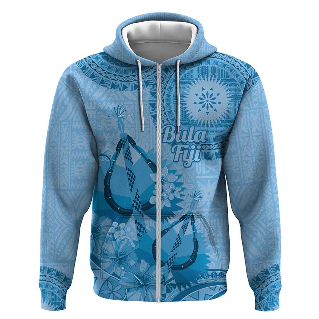 Blue Bula Fiji Hoodie Fijian Dance Fan Tapa Cloth Pattern