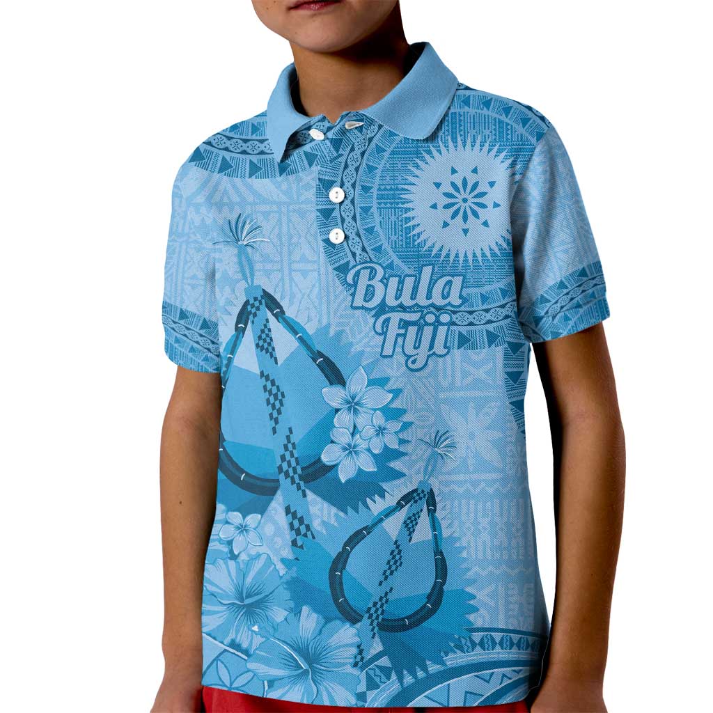 Blue Bula Fiji Kid Polo Shirt Fijian Dance Fan Tapa Cloth Pattern LT14 Kid Blue - Polynesian Pride
