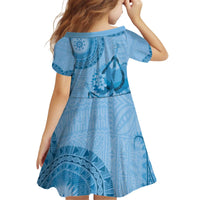 Blue Bula Fiji Kid Short Sleeve Dress Fijian Dance Fan Tapa Cloth Pattern