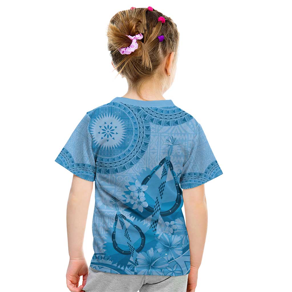 Blue Bula Fiji Kid T Shirt Fijian Dance Fan Tapa Cloth Pattern