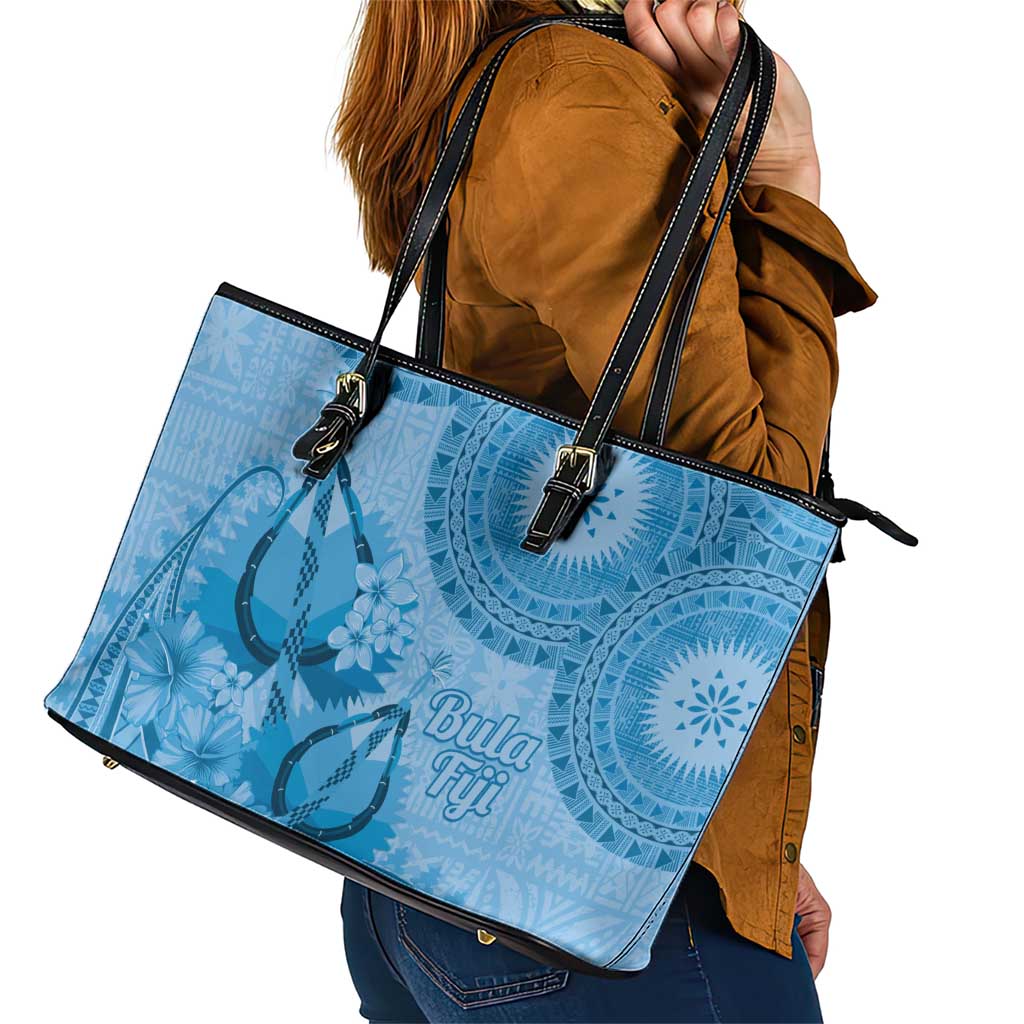 Blue Bula Fiji Leather Tote Bag Fijian Dance Fan Tapa Cloth Pattern