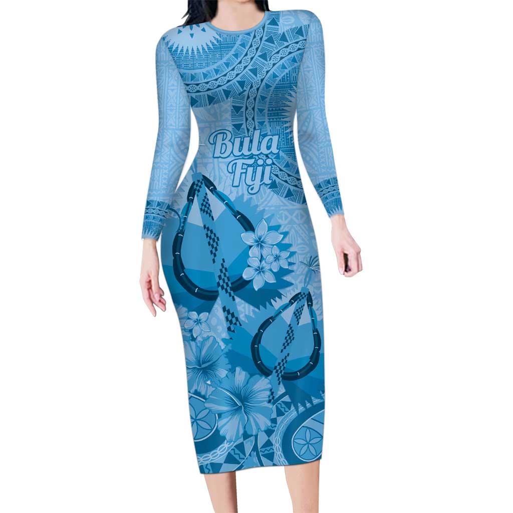 Blue Bula Fiji Long Sleeve Bodycon Dress Fijian Dance Fan Tapa Cloth Pattern