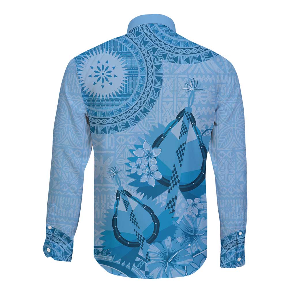 Blue Bula Fiji Long Sleeve Button Shirt Fijian Dance Fan Tapa Cloth Pattern