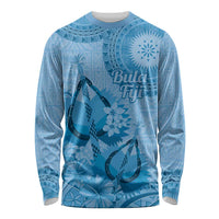 Blue Bula Fiji Long Sleeve Shirt Fijian Dance Fan Tapa Cloth Pattern