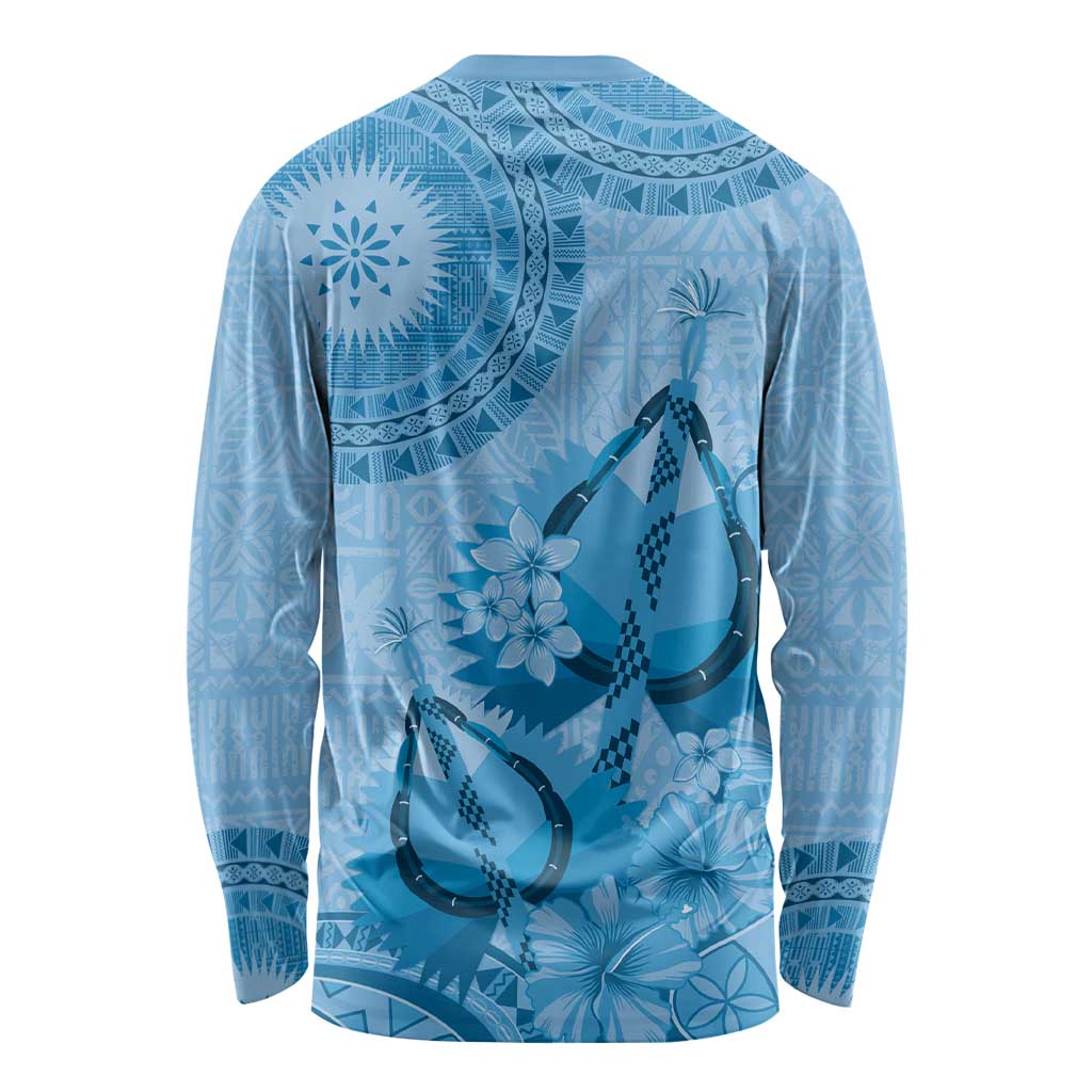 Blue Bula Fiji Long Sleeve Shirt Fijian Dance Fan Tapa Cloth Pattern