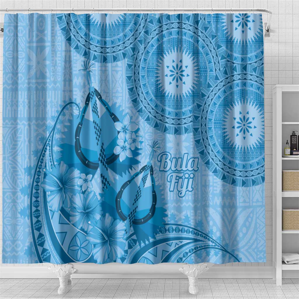 Blue Bula Fiji Shower Curtain Fijian Dance Fan Tapa Cloth Pattern