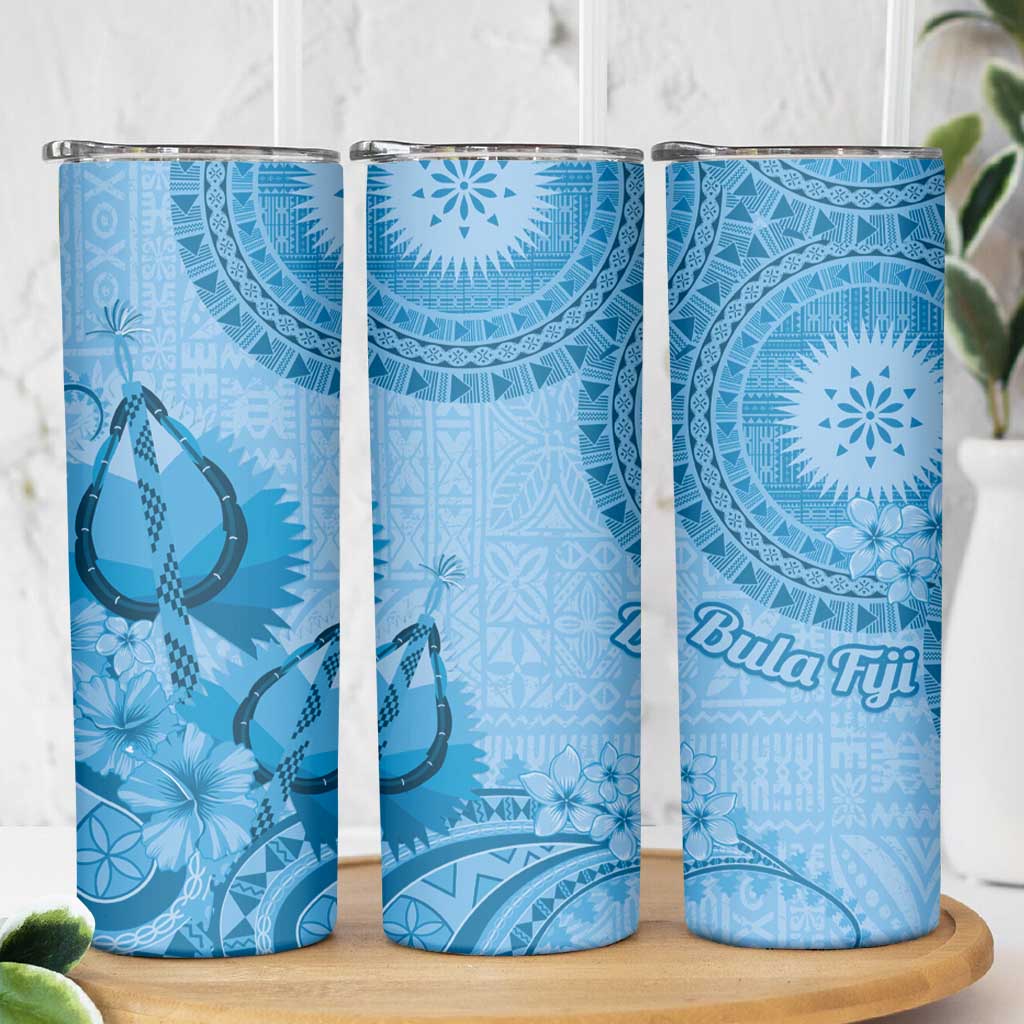 Blue Bula Fiji Skinny Tumbler Fijian Dance Fan Tapa Cloth Pattern LT14 - Polynesian Pride