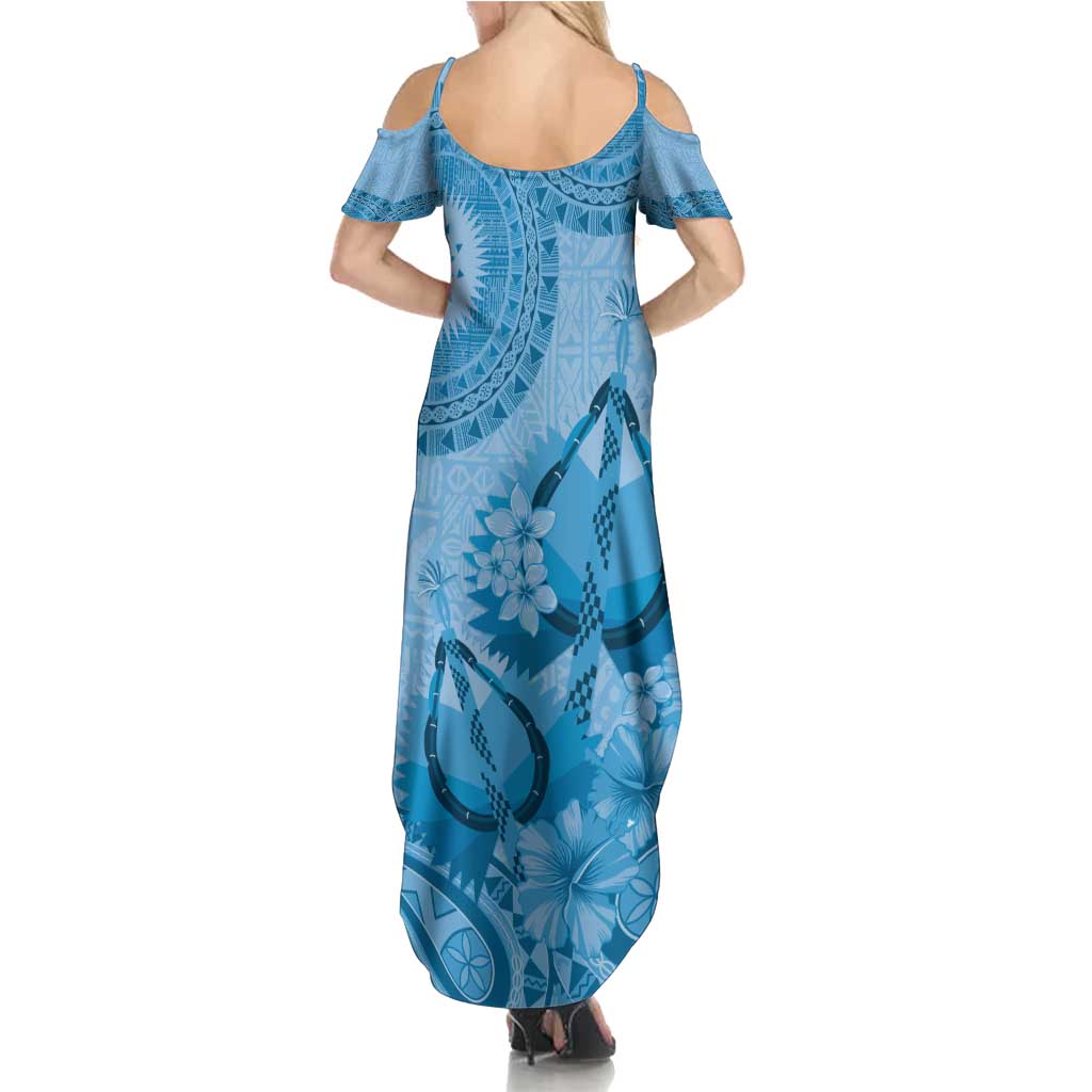 Blue Bula Fiji Summer Maxi Dress Fijian Dance Fan Tapa Cloth Pattern