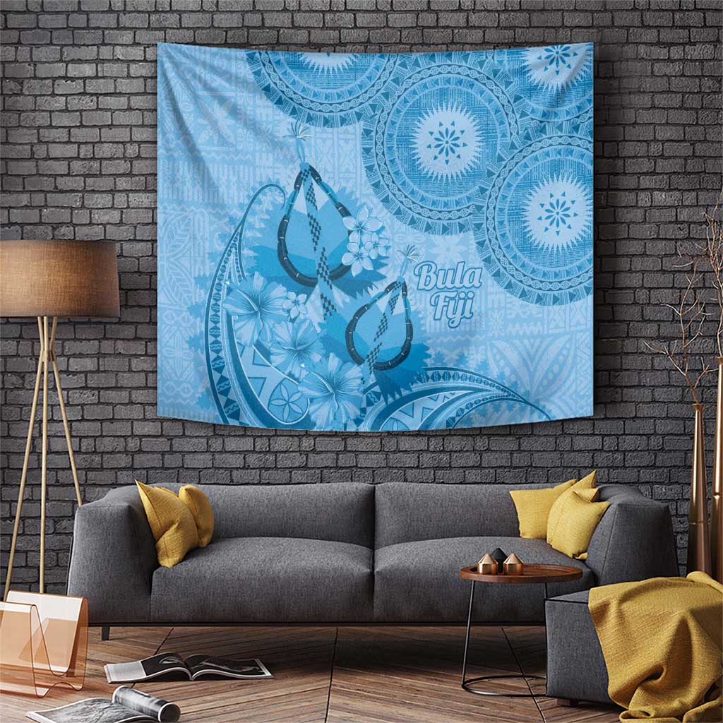 Blue Bula Fiji Tapestry Fijian Dance Fan Tapa Cloth Pattern