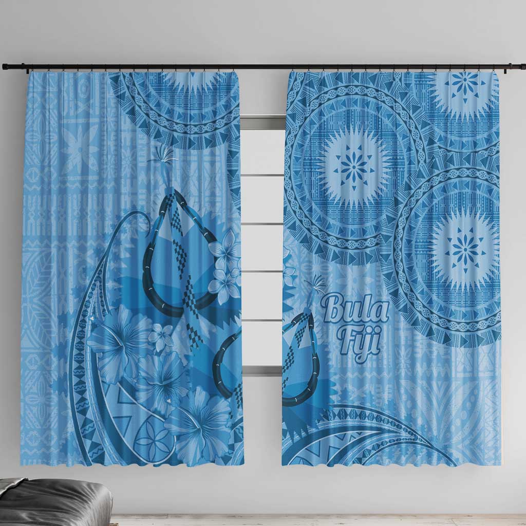 Blue Bula Fiji Window Curtain Fijian Dance Fan Tapa Cloth Pattern LT14 With Hooks Blue - Polynesian Pride