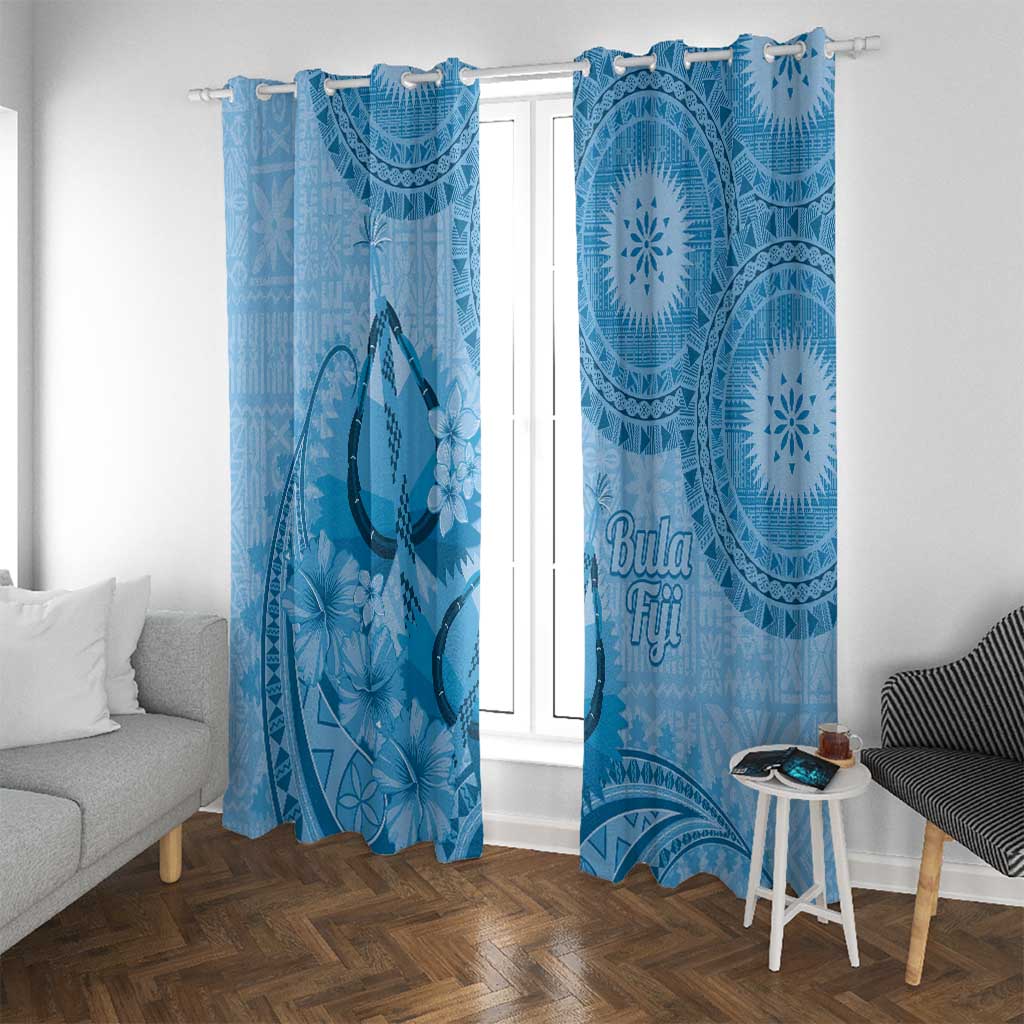 Blue Bula Fiji Window Curtain Fijian Dance Fan Tapa Cloth Pattern LT14 With Grommets Blue - Polynesian Pride