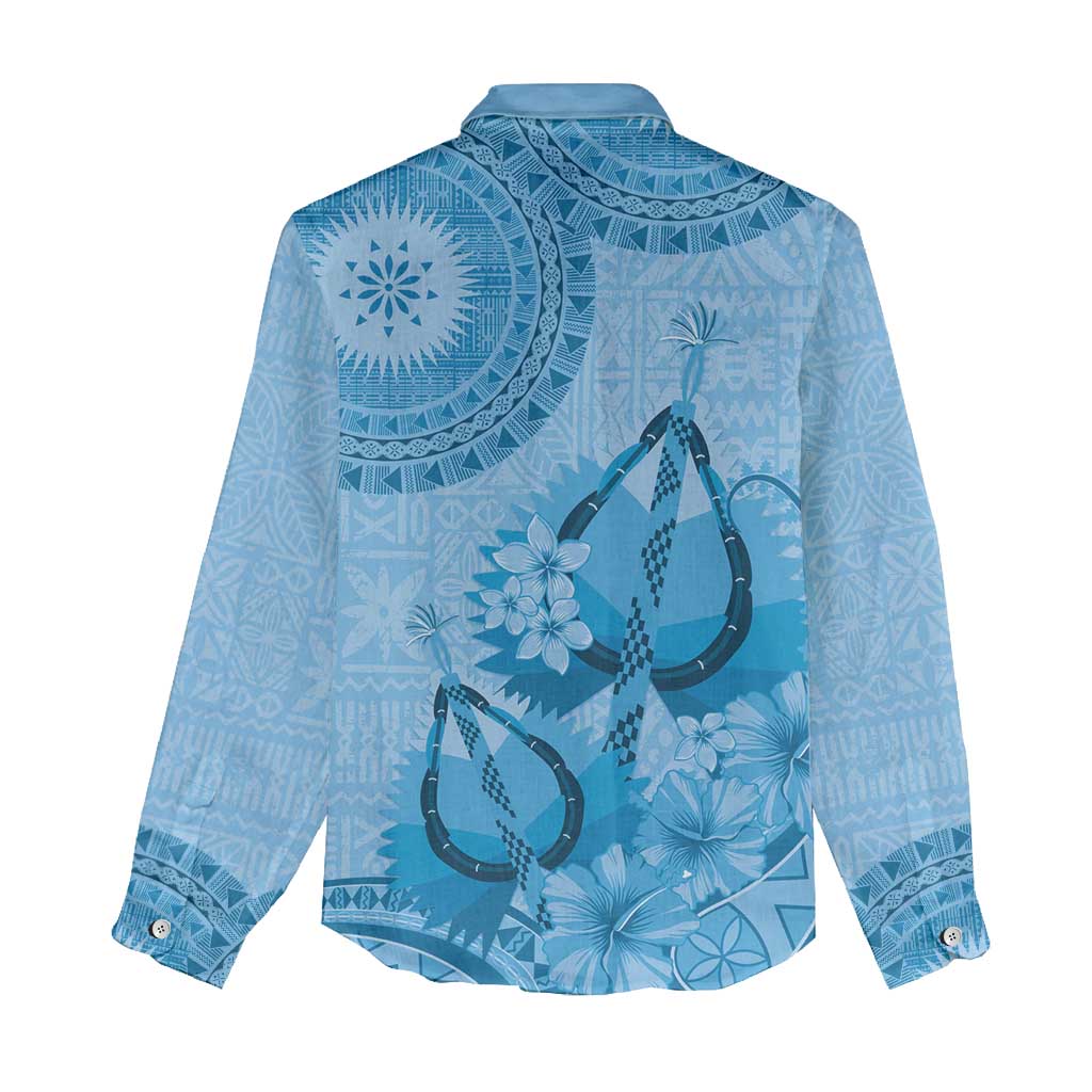 Blue Bula Fiji Women Casual Shirt Fijian Dance Fan Tapa Cloth Pattern