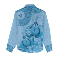 Blue Bula Fiji Women Casual Shirt Fijian Dance Fan Tapa Cloth Pattern