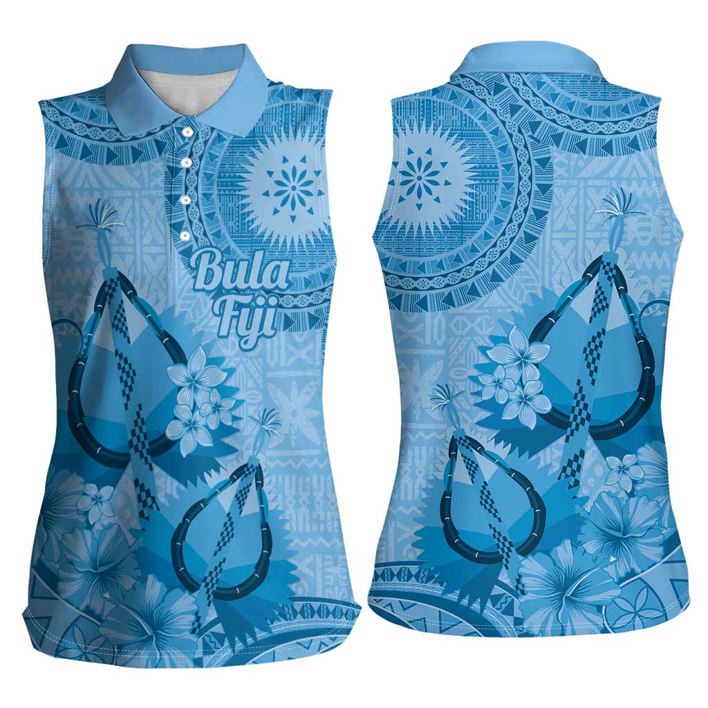 Blue Bula Fiji Women Sleeveless Polo Shirt Fijian Dance Fan Tapa Cloth Pattern