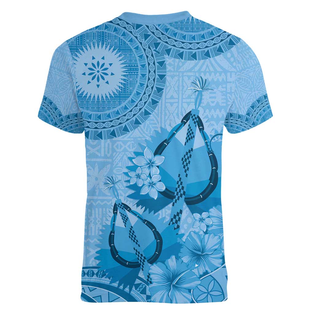 Blue Bula Fiji Women V-Neck T-Shirt Fijian Dance Fan Tapa Cloth Pattern LT14 - Polynesian Pride