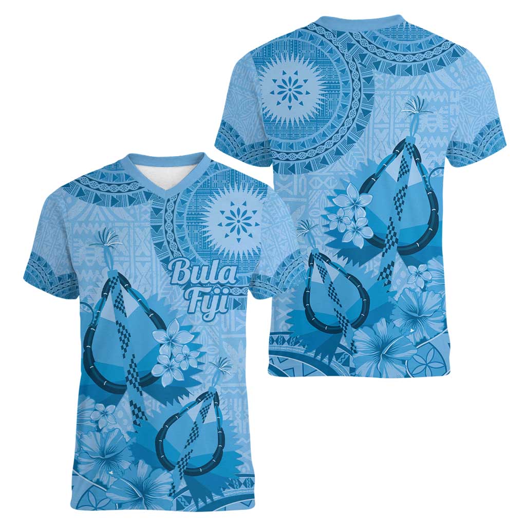 Blue Bula Fiji Women V-Neck T-Shirt Fijian Dance Fan Tapa Cloth Pattern LT14 - Polynesian Pride