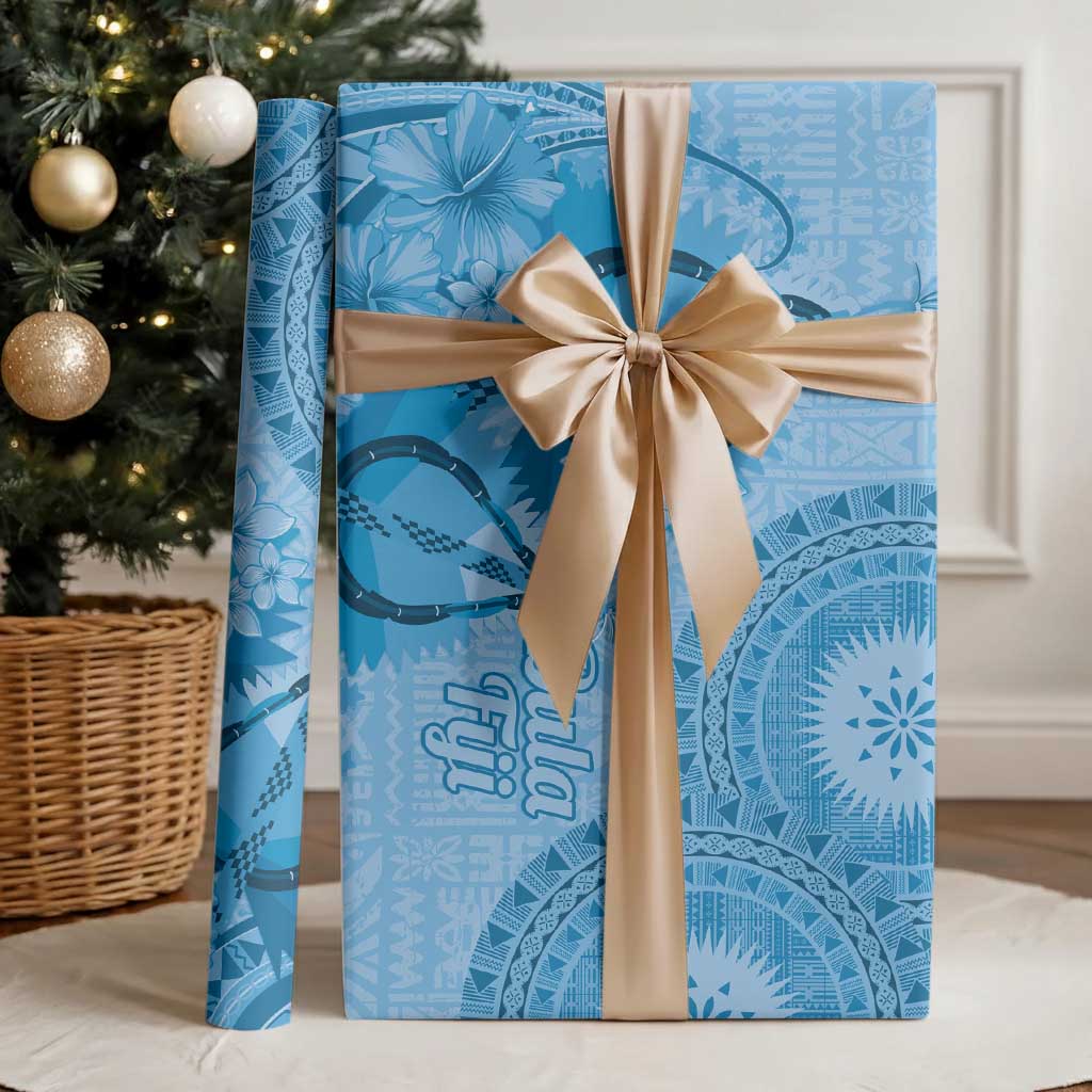Blue Bula Fiji Wrapping Paper Fijian Dance Fan Tapa Cloth Pattern - Polynesian Pride
