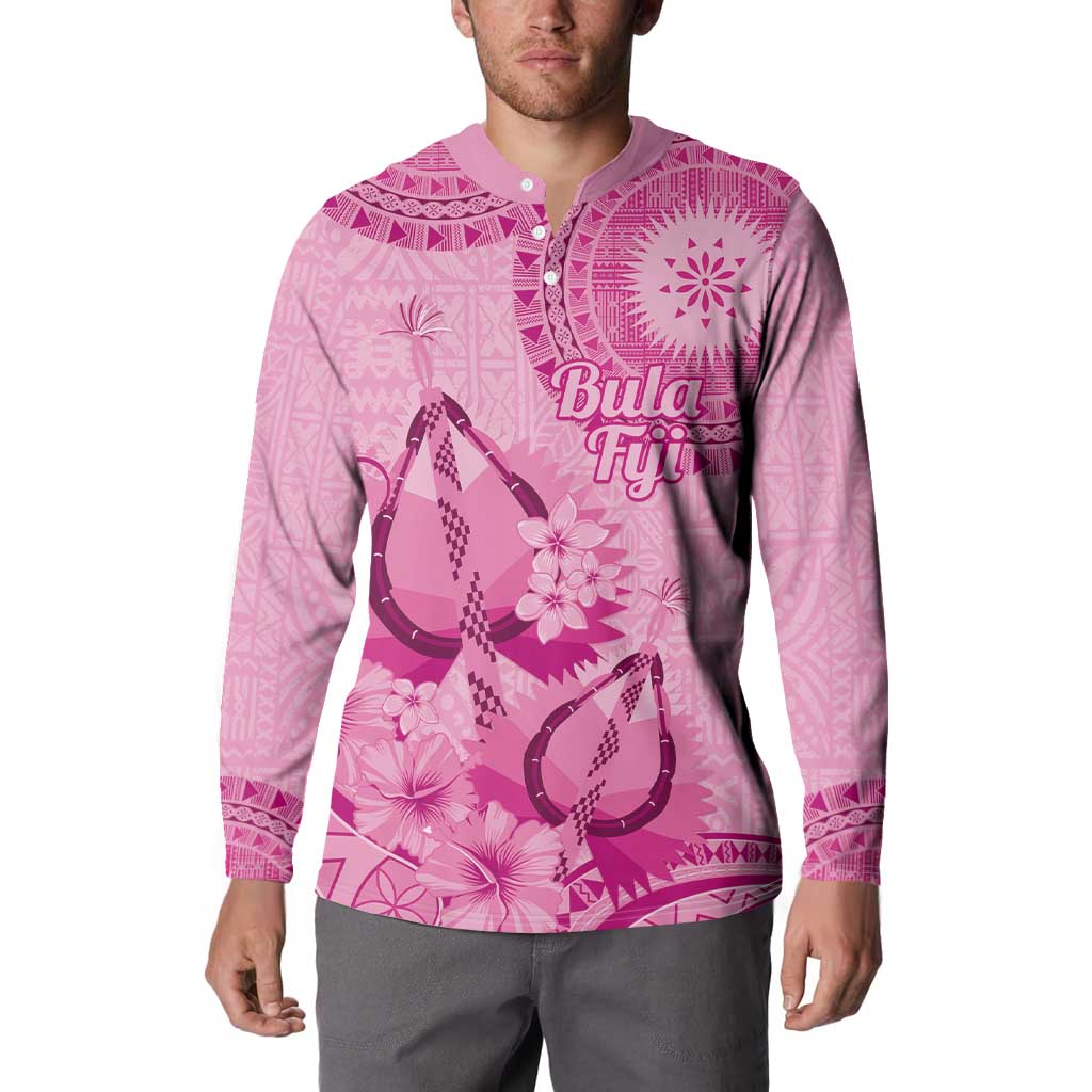 Pink Bula Fiji Button Sweatshirt Fijian Dance Fan Tapa Cloth Pattern