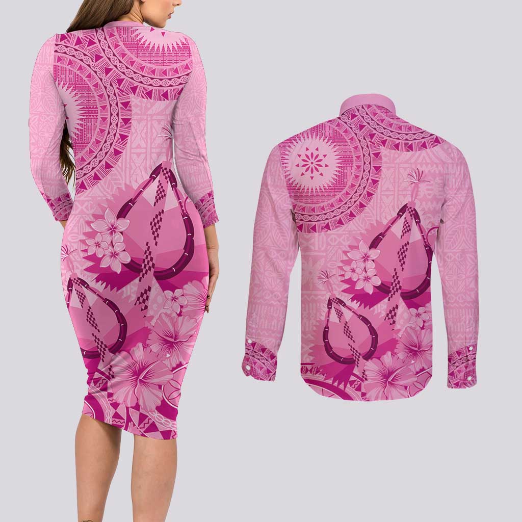 Pink Bula Fiji Couples Matching Long Sleeve Bodycon Dress and Long Sleeve Button Shirt Fijian Dance Fan Tapa Cloth Pattern