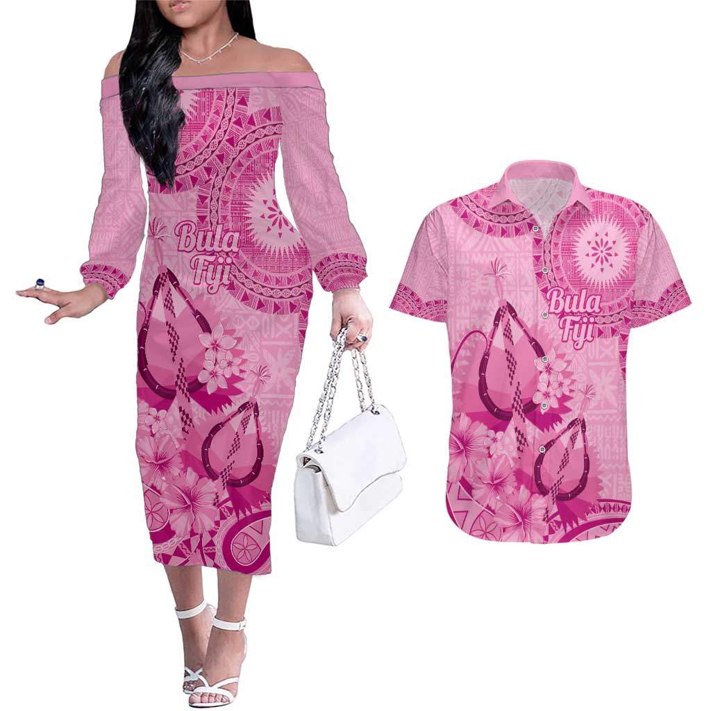 Pink Bula Fiji Couples Matching Off The Shoulder Long Sleeve Dress and Hawaiian Shirt Fijian Dance Fan Tapa Cloth Pattern