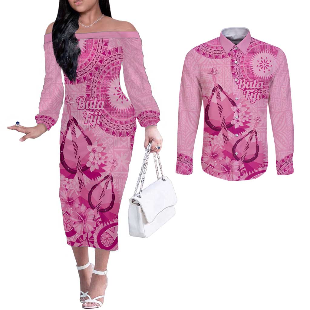 Pink Bula Fiji Couples Matching Off The Shoulder Long Sleeve Dress and Long Sleeve Button Shirt Fijian Dance Fan Tapa Cloth Pattern
