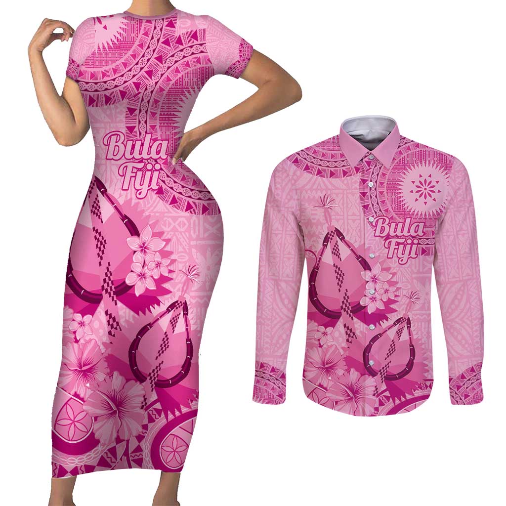 Pink Bula Fiji Couples Matching Short Sleeve Bodycon Dress and Long Sleeve Button Shirt Fijian Dance Fan Tapa Cloth Pattern