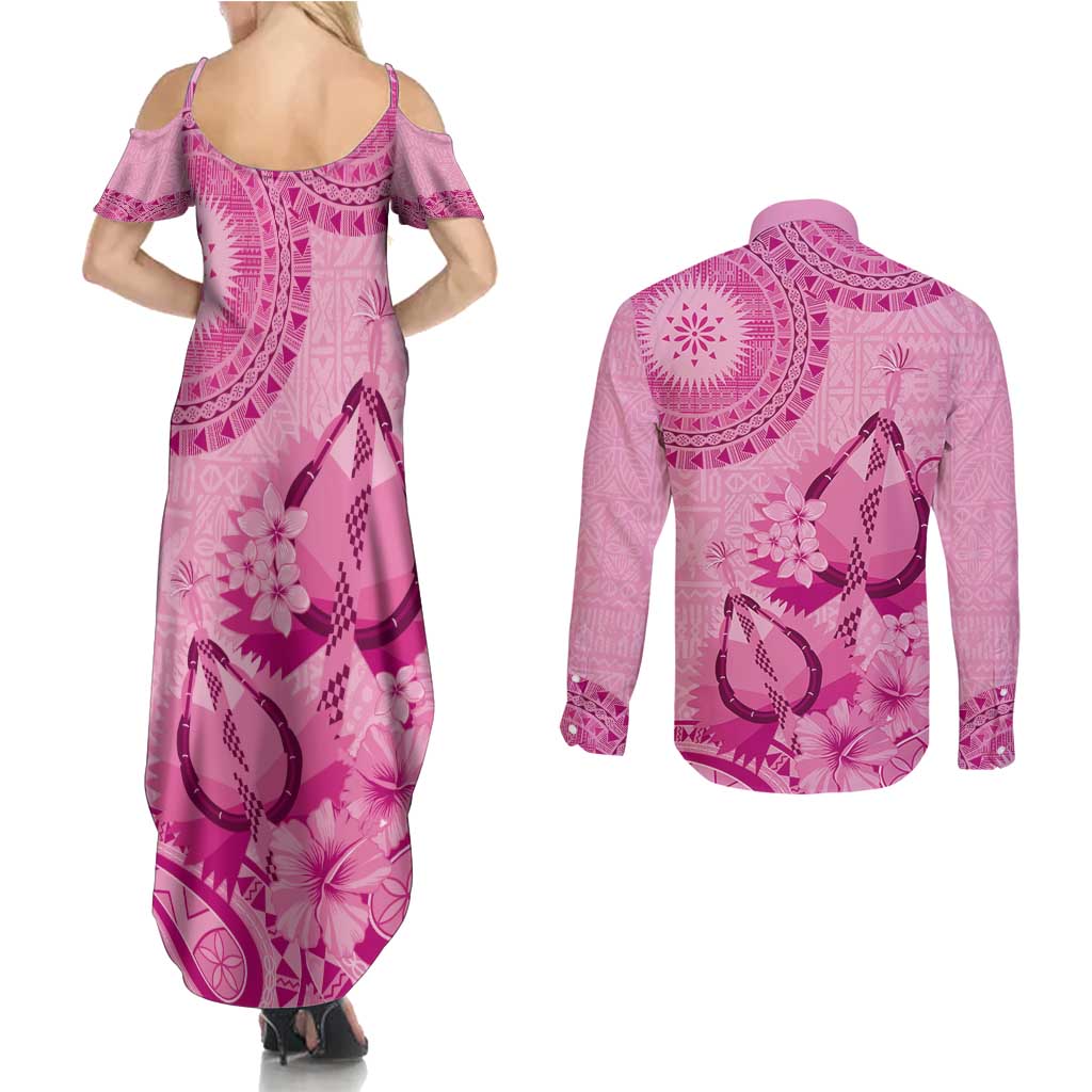 Pink Bula Fiji Couples Matching Summer Maxi Dress and Long Sleeve Button Shirt Fijian Dance Fan Tapa Cloth Pattern