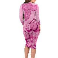 Pink Bula Fiji Family Matching Long Sleeve Bodycon Dress and Hawaiian Shirt Fijian Dance Fan Tapa Cloth Pattern