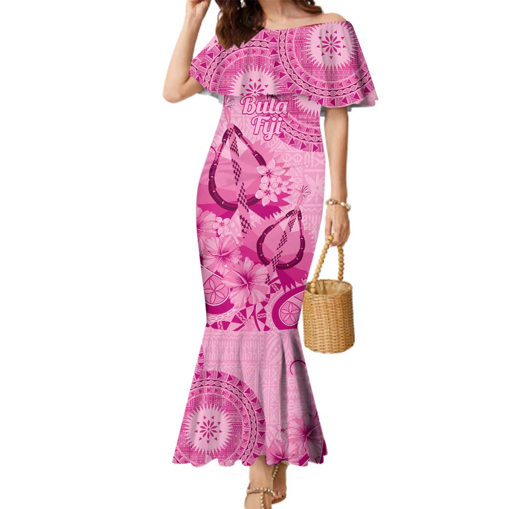 Pink Bula Fiji Family Matching Mermaid Dress and Hawaiian Shirt Fijian Dance Fan Tapa Cloth Pattern