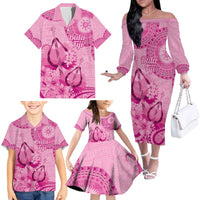 Pink Bula Fiji Family Matching Off The Shoulder Long Sleeve Dress and Hawaiian Shirt Fijian Dance Fan Tapa Cloth Pattern
