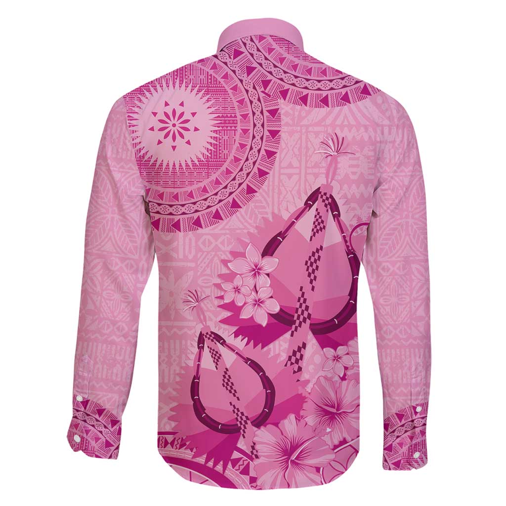 Pink Bula Fiji Family Matching Off Shoulder Short Dress and Hawaiian Shirt Fijian Dance Fan Tapa Cloth Pattern