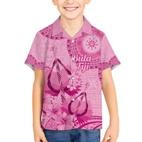 Pink Bula Fiji Family Matching Off Shoulder Short Dress and Hawaiian Shirt Fijian Dance Fan Tapa Cloth Pattern